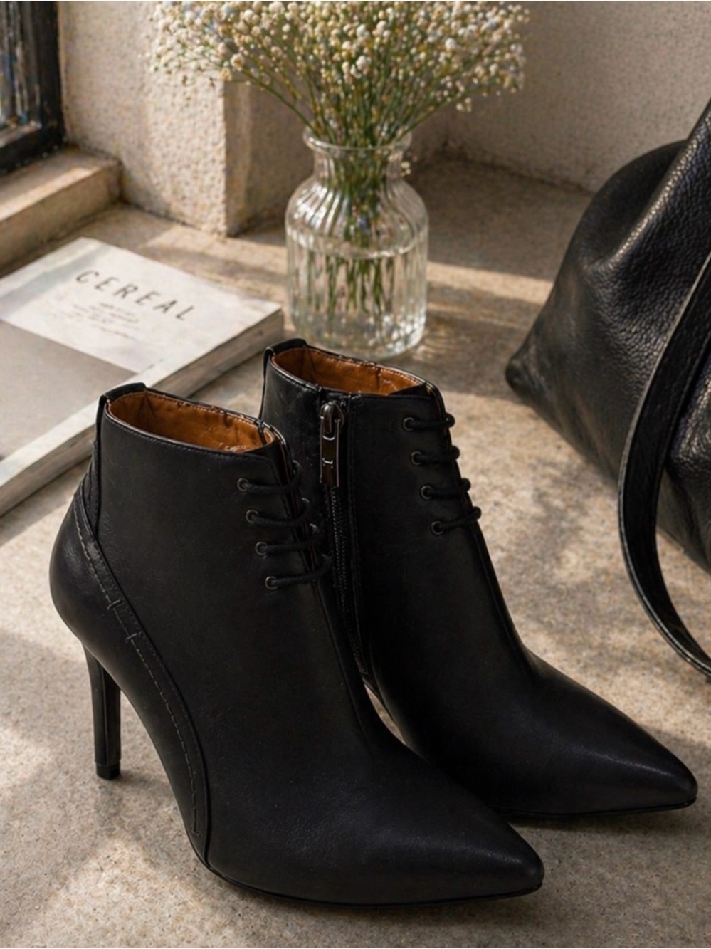 Halston | Black Leather Pointed Toe Ankle Boots | Lace-Up + Zip | Size 6
